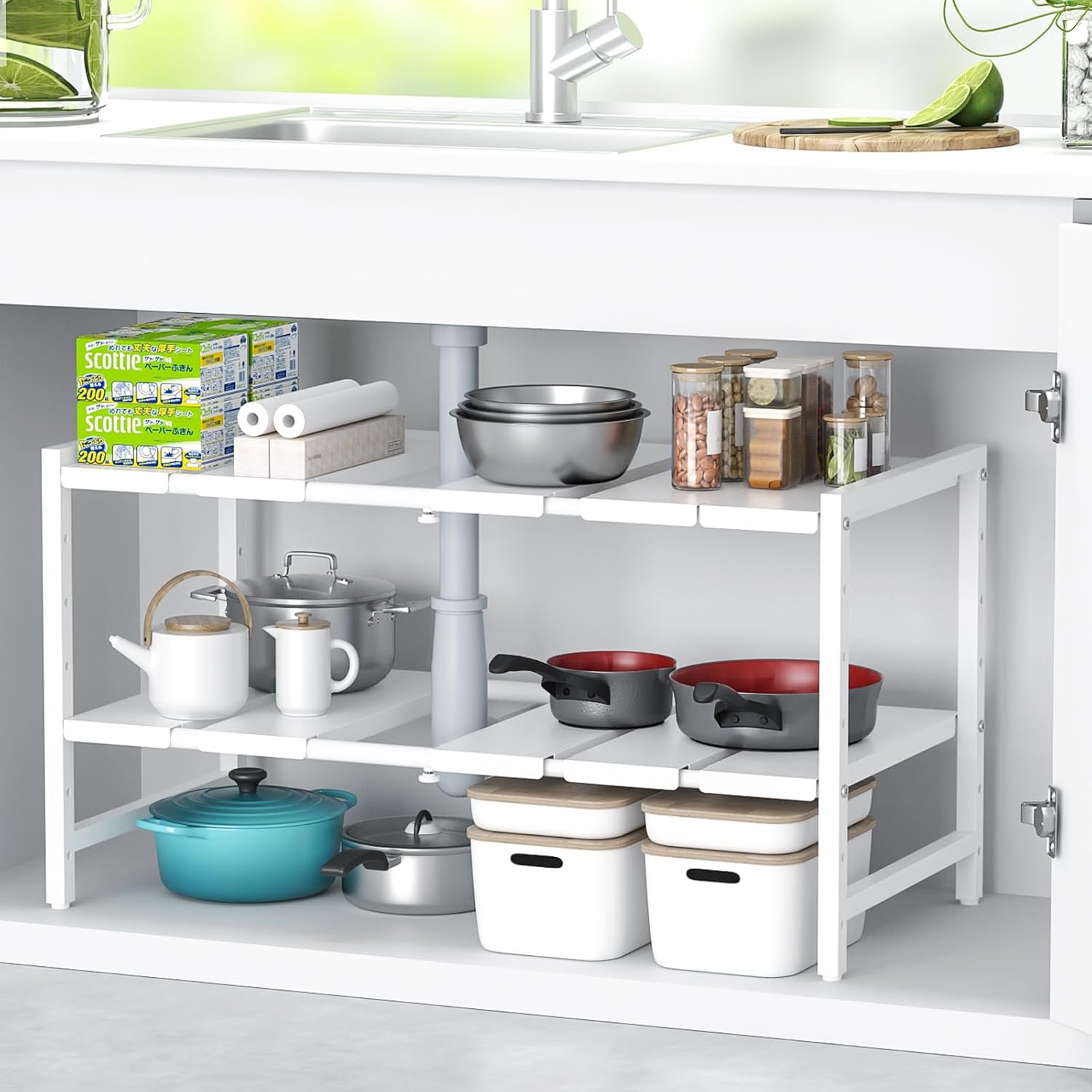 シンク下収納ラック 伸縮 幅調節可能 【高さ調整・横幅伸縮40〜70cm