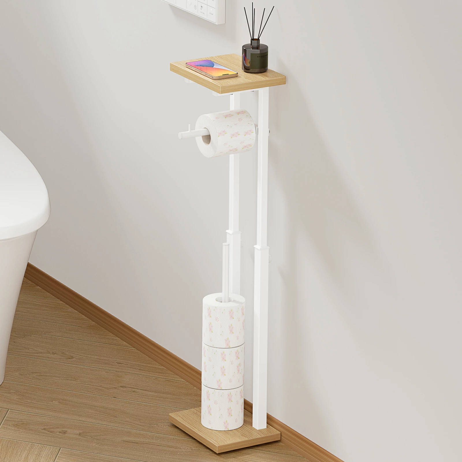 トイレットペーパーホルダー ラック付き 3段階調節 スリム トイレラック 省スペース収納 天板付き 置き型 トイレットペーパー収納 スチールフレーム おしゃれ |  | 02