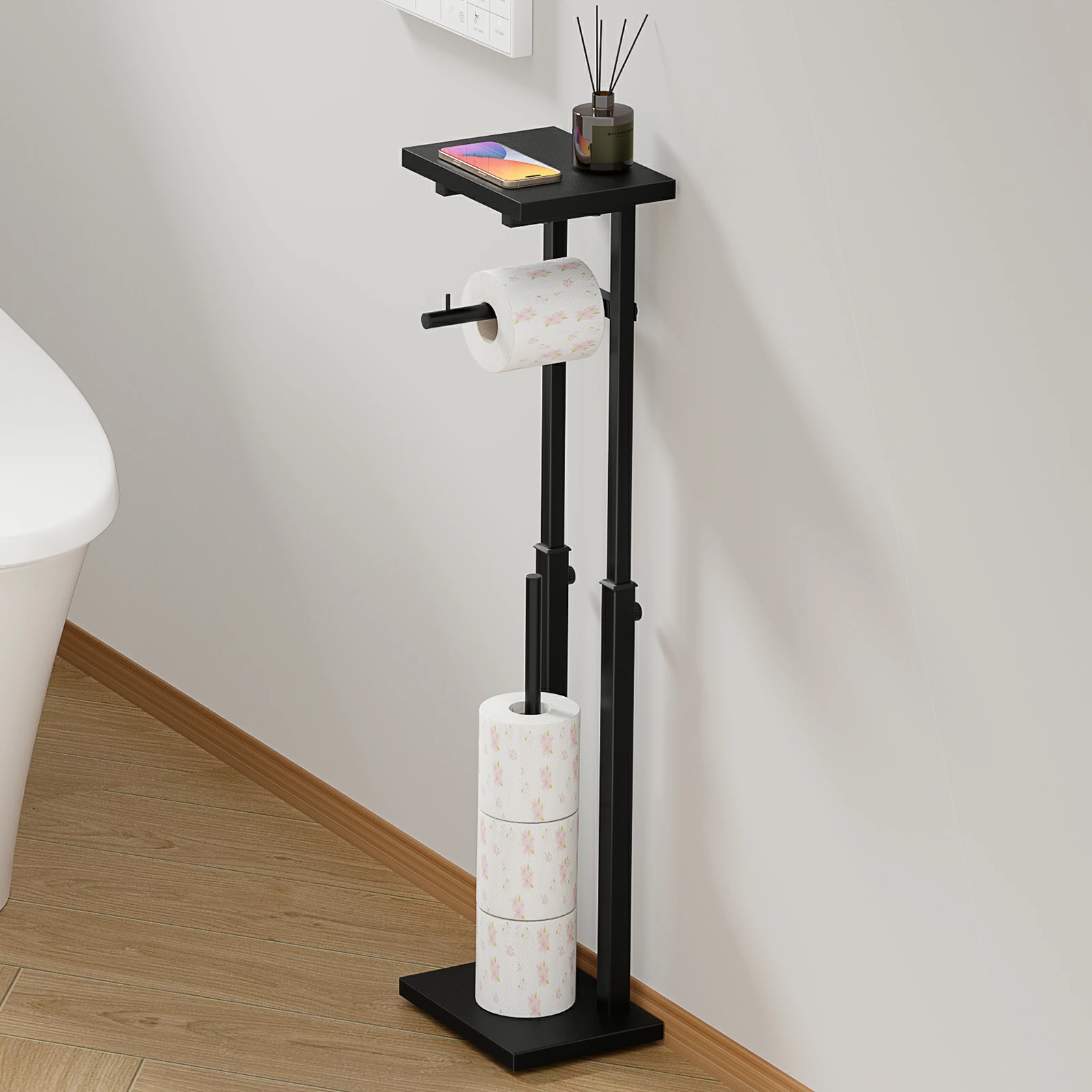 トイレットペーパーホルダー ラック付き 3段階調節 スリム トイレラック 省スペース収納 天板付き 置き型 トイレットペーパー収納 スチールフレーム おしゃれ |  | 01