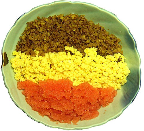 明太子レシピ 明太子をタップリ漬かった。豆腐しぐれのヘルシー三色どんぶり