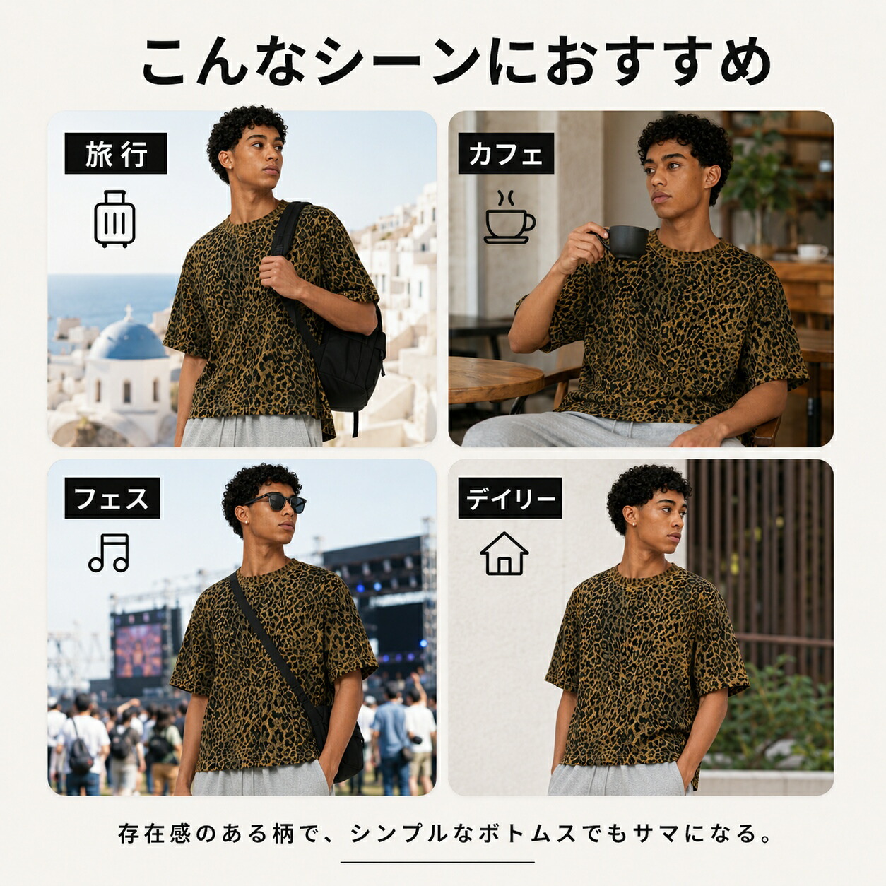 Tシャツ メンズ 半袖 レオパード柄 ヒョウ柄 総柄 綿混 210g ゆったり