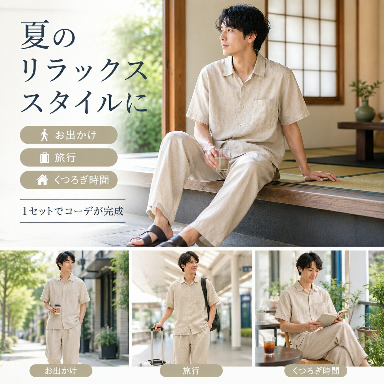 新品定価5万円　ランバン　Lサイズ　ハイネック　半袖シャツ　パンツ　セットアップ セットアップ メンズ 夏 半袖シャツ ロングパンツ 上下セット綿麻麻混