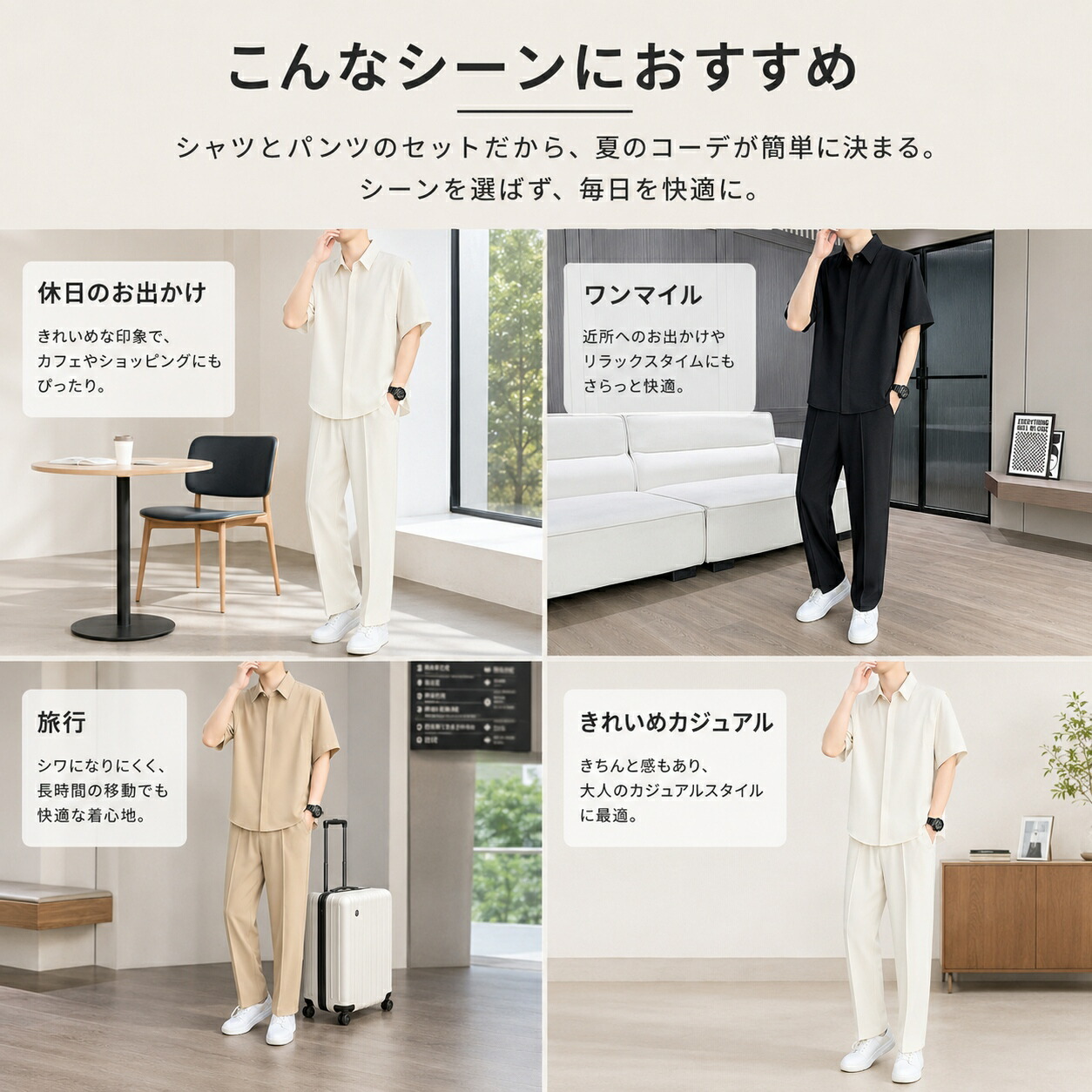 セットアップ メンズ 夏 半袖シャツ 長ズボン 上下セット ひんやり感