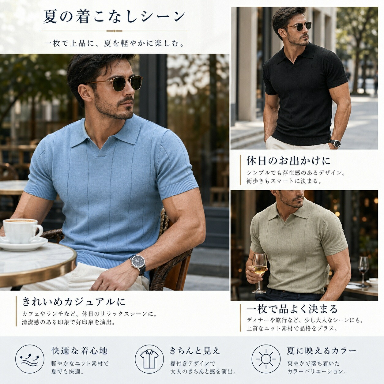 ポロシャツ メンズ 半袖 ニットポロ サマーニット スキッパー襟 V