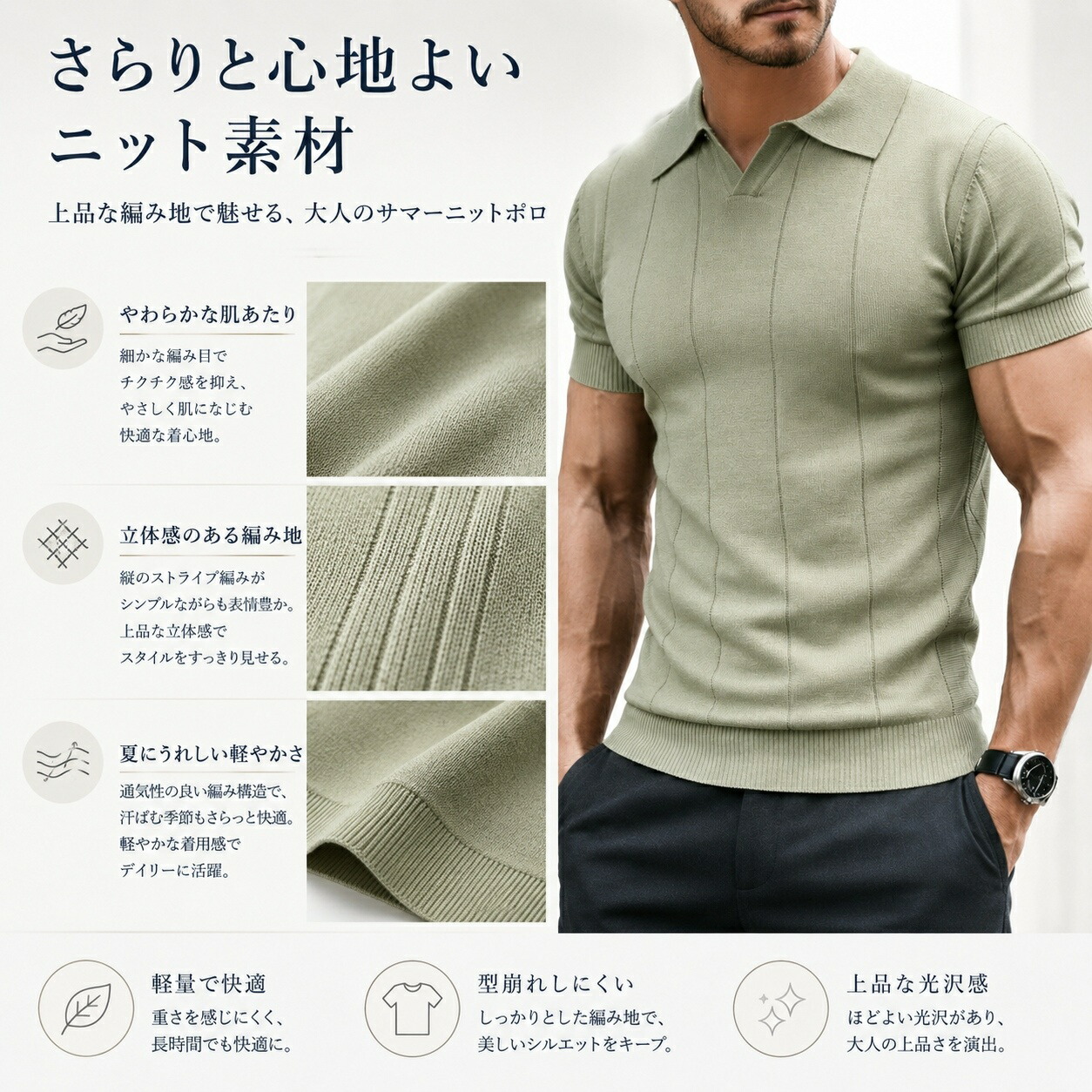 ポロシャツ メンズ 半袖 ニットポロ サマーニット スキッパー襟 V