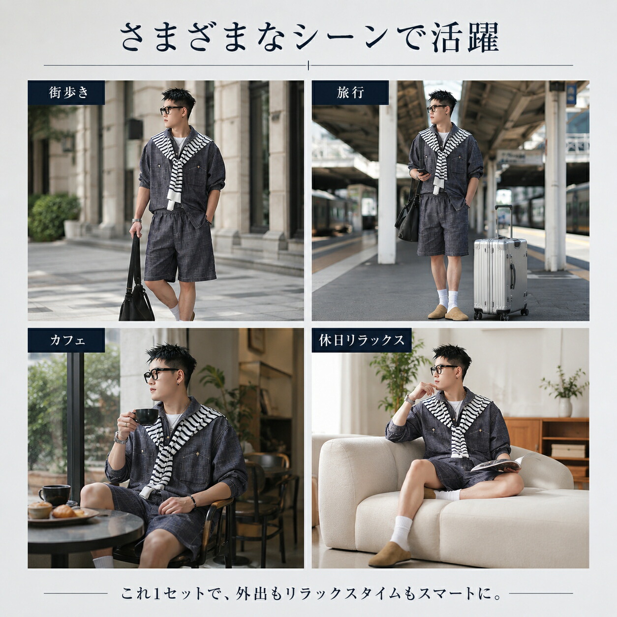 セットアップ メンズ 夏 長袖シャツ ショートパンツ 上下セット リネン
