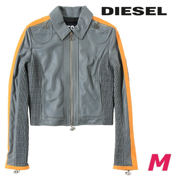 ディーゼル DIESEL レザージャケット フリル ノーカラー XS グレー 