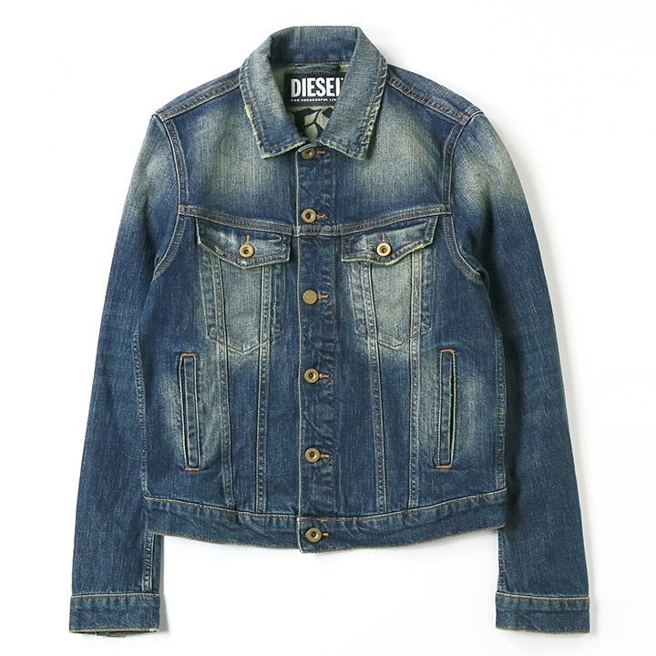 美品★ディーゼル デニムジャケット ダメージ・ペイント加工 ジップ 刺繍ロゴ 中古 DIESEL ディーゼル チェーンステッチ バック 刺繍
