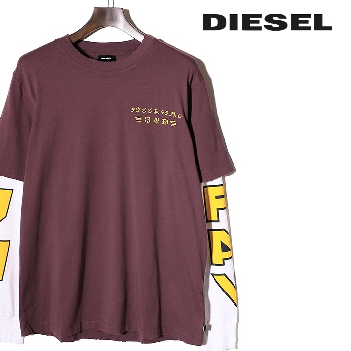 ディーゼル DIESEL 長袖Tシャツ カットソー メンズ クラッシュダメージ加工 フェイクレイヤード ワンポイント刺繍 T-SOUND