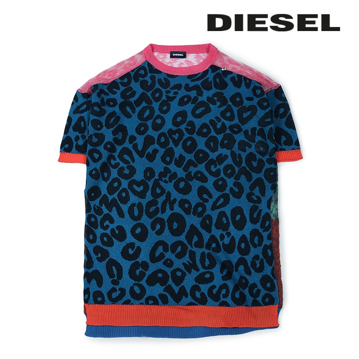 ディーゼルキッズ DIESEL KID 半袖ニットセーター ジュニア ガール ヒョウ柄 レオパード柄 ビッグシルエット メッシュニット切替  サイドスリット KMLEO