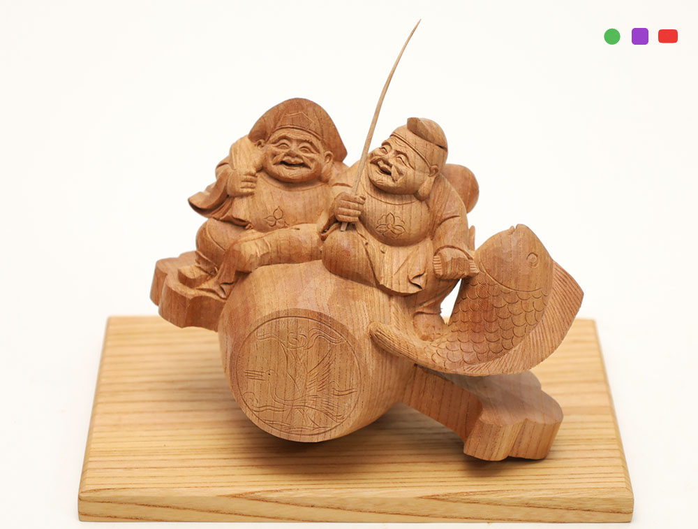 恵比寿大黒様 木彫り 置物 一刀彫 / 素材：欅 (木彫 縁起物 えべっさん 
