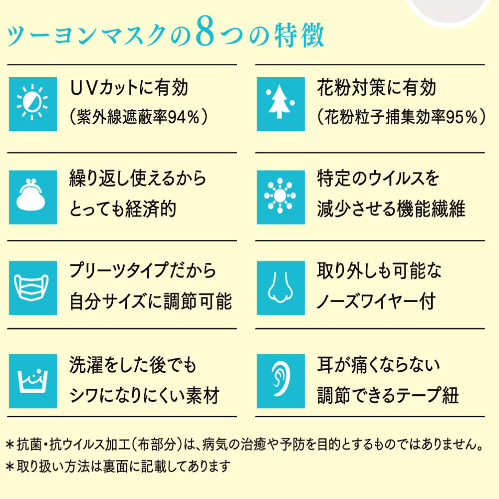 ツーヨン公式最安値 店長おすすめマスク おしゃれ 花粉対策セット 立体3層構造マスクとプリーツマスクの2セット各2枚入 洗える布製マスク 男女兼用｜tuyon｜03