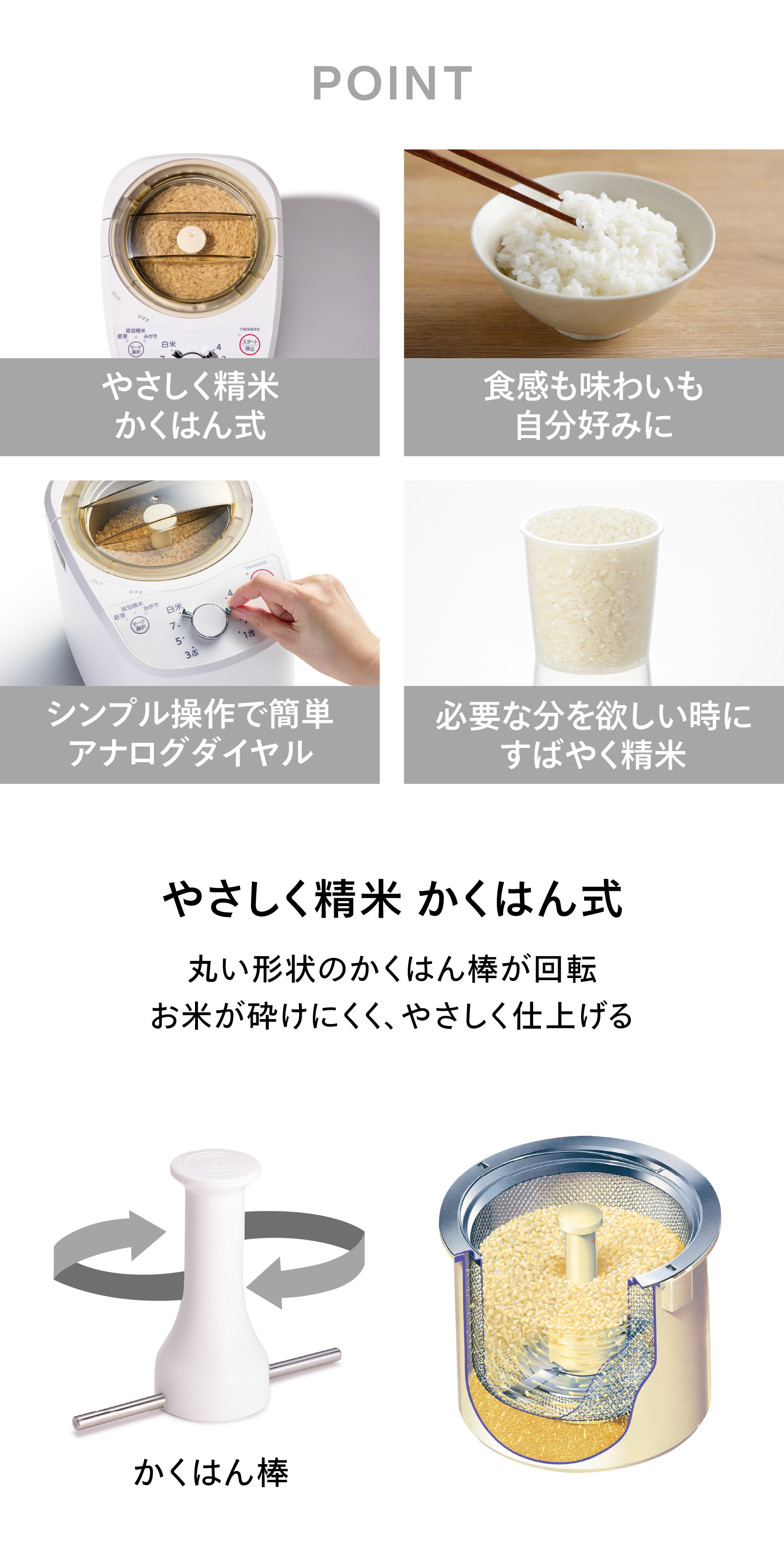 丸いかくはん棒が回転して米をやさしく精米する、精米機の内部構造と動作イメージ