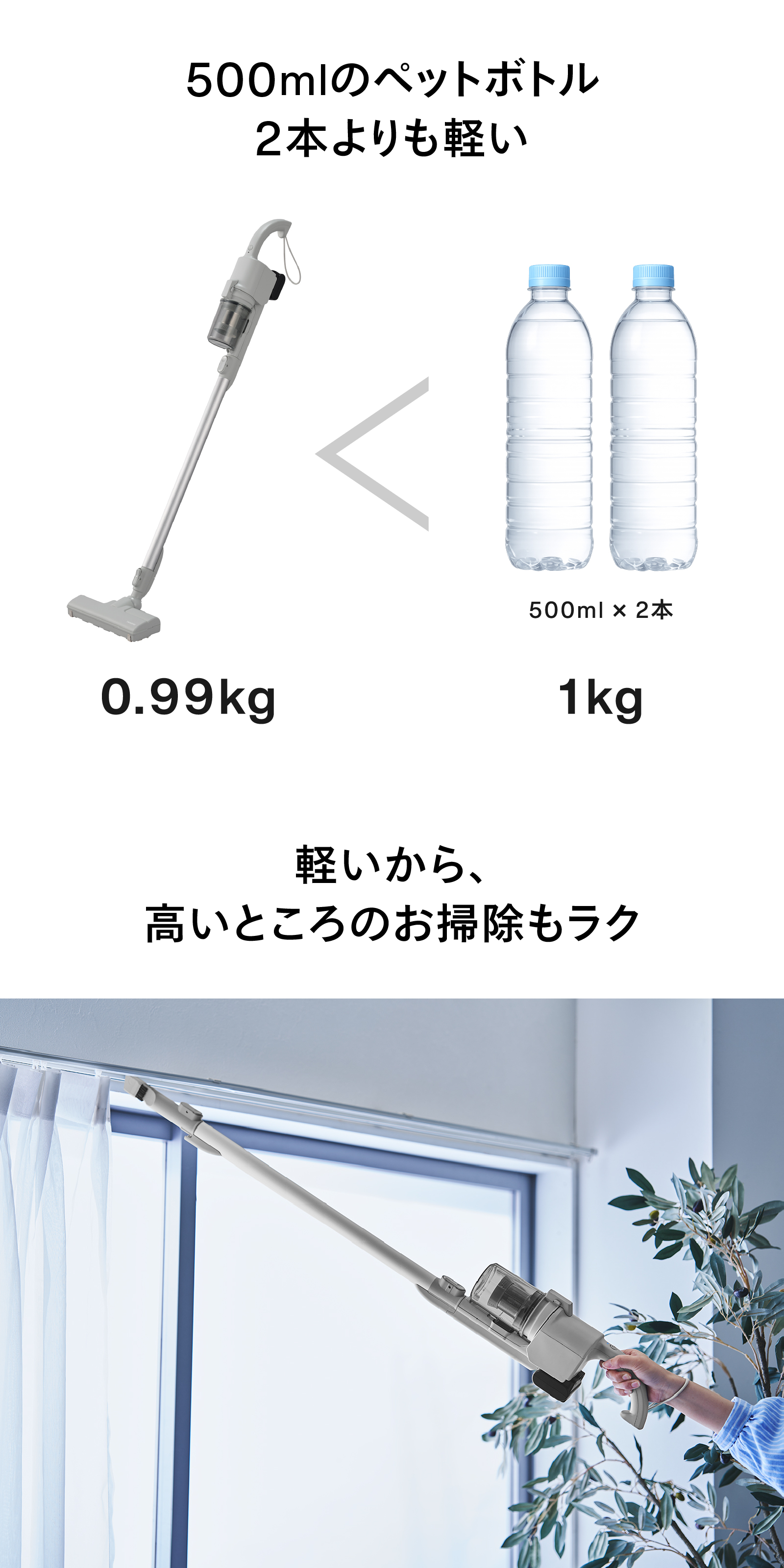 軽量で持ち上げやすく、高いところも掃除しやすいことが伝わる本製品の紹介ビジュアル
