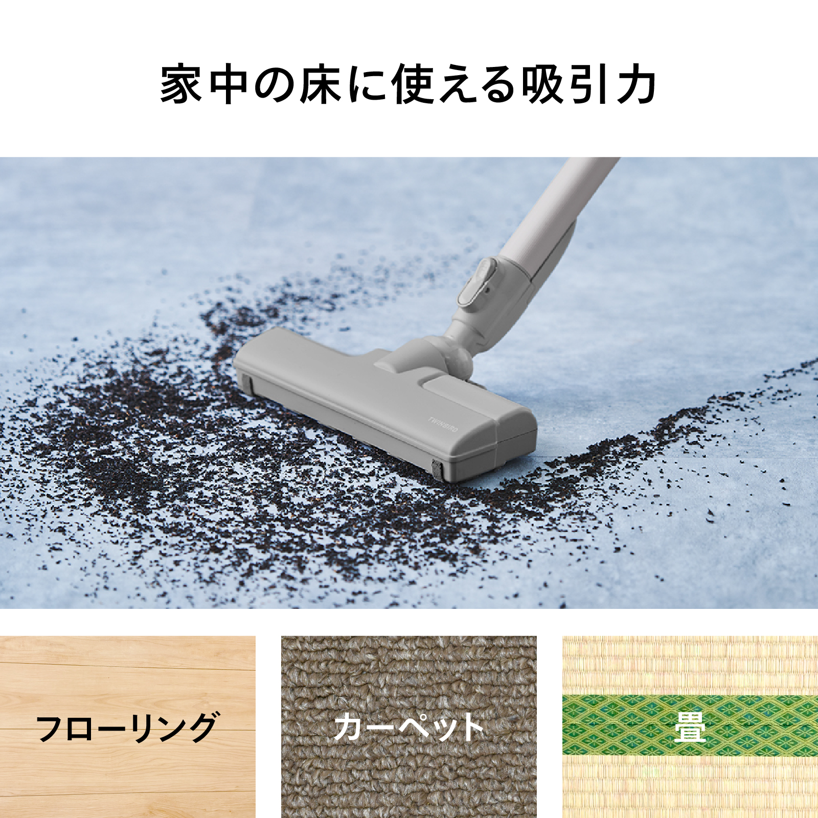 家中のさまざまな床で使える吸引力と、使用できる場所をまとめて確認できるビジュアル