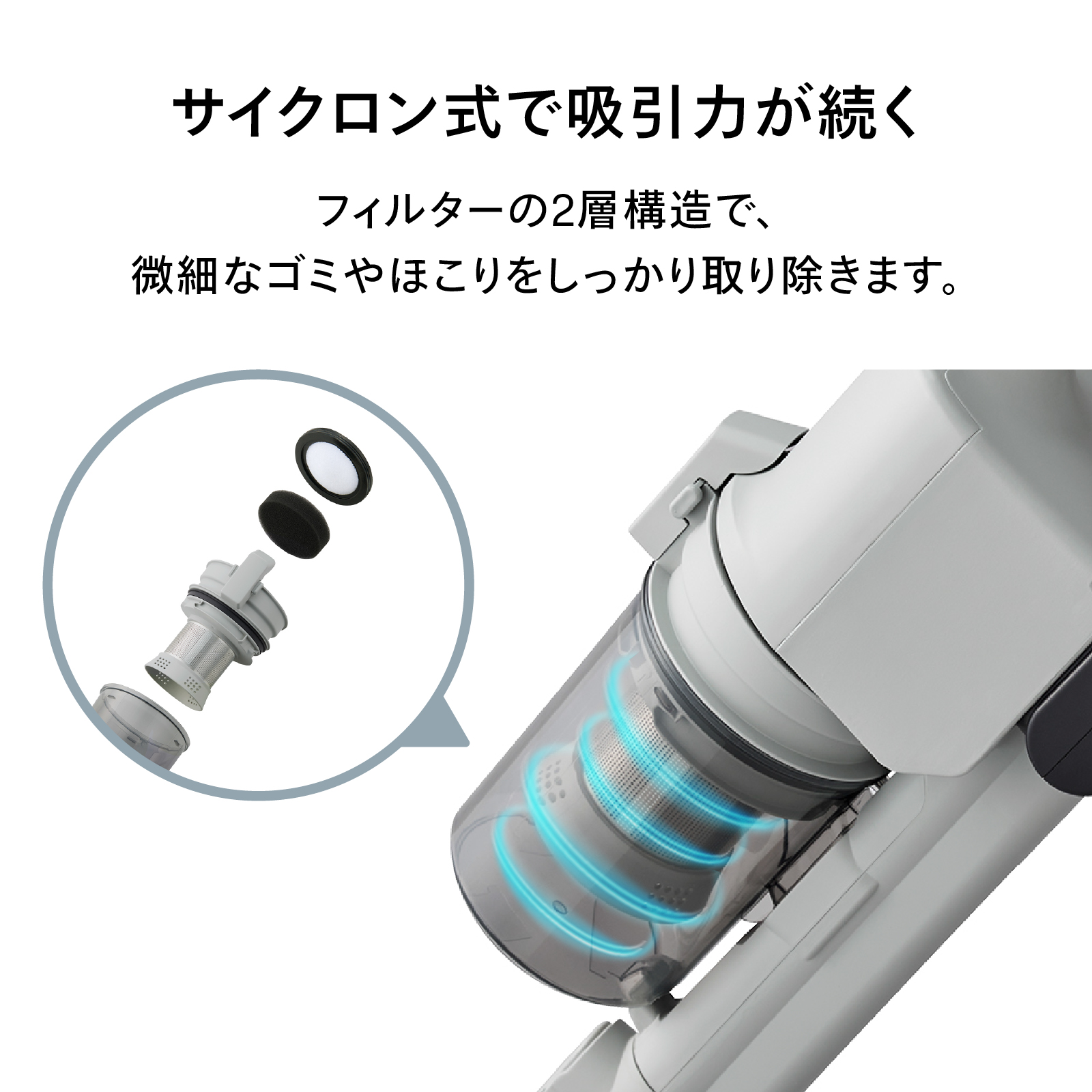 サイクロン構造と2層フィルターにより、微細なゴミやほこりまで取り除く仕組みが分かる製品図