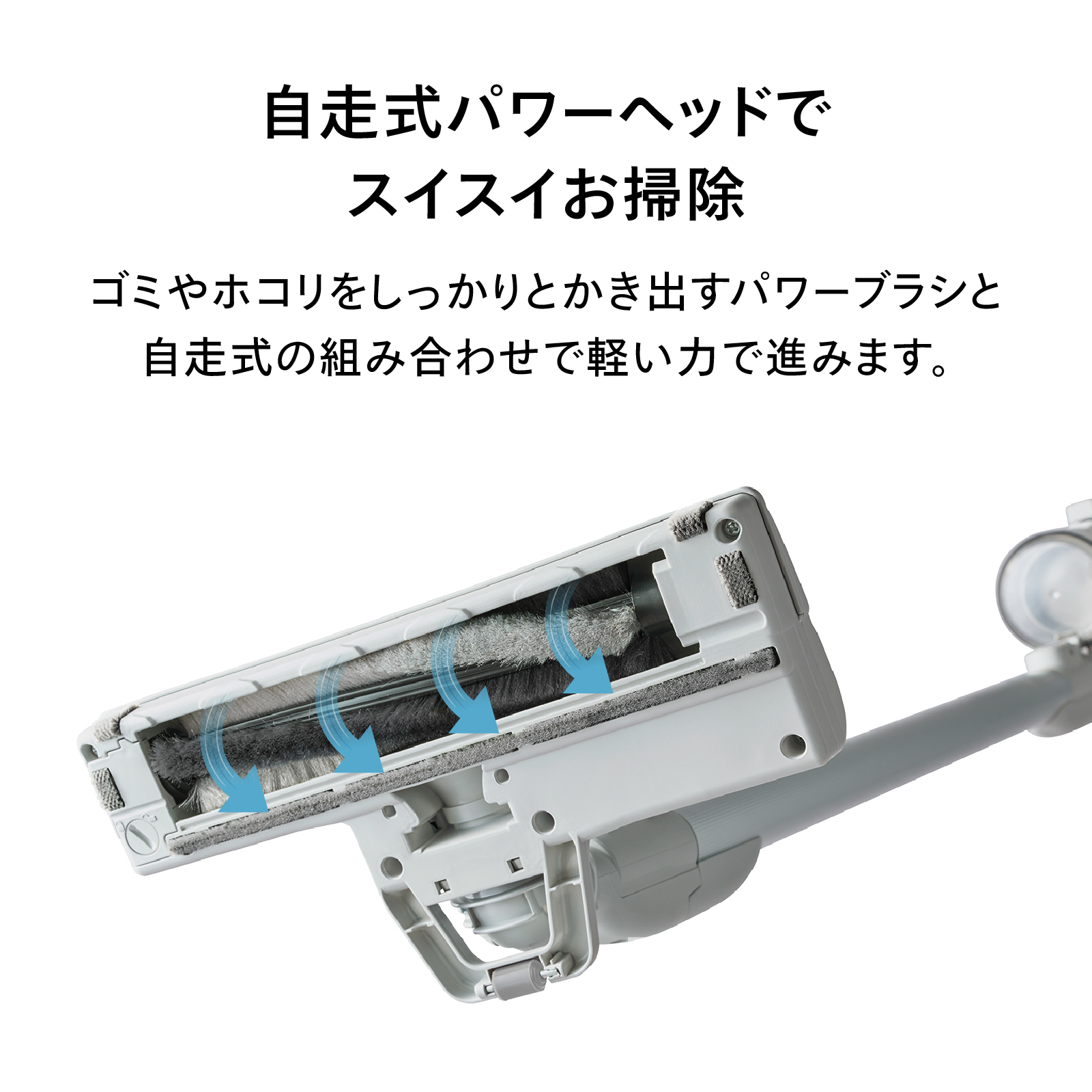 軽い力で進みやすい自走式パワーヘッドの特徴と、室内での掃除イメージが分かる構成