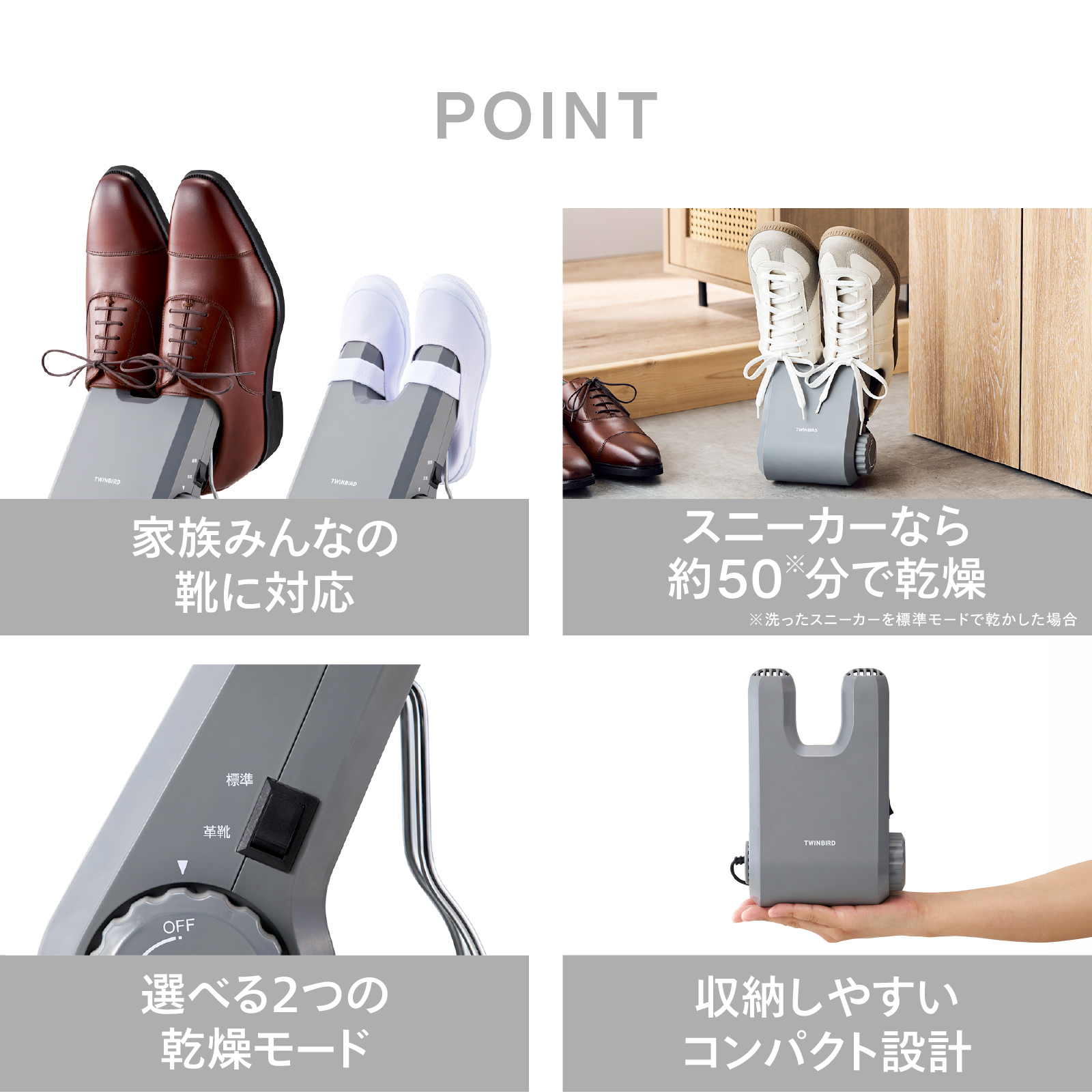 くつ乾燥機の主な特長をまとめた機能紹介イメージ