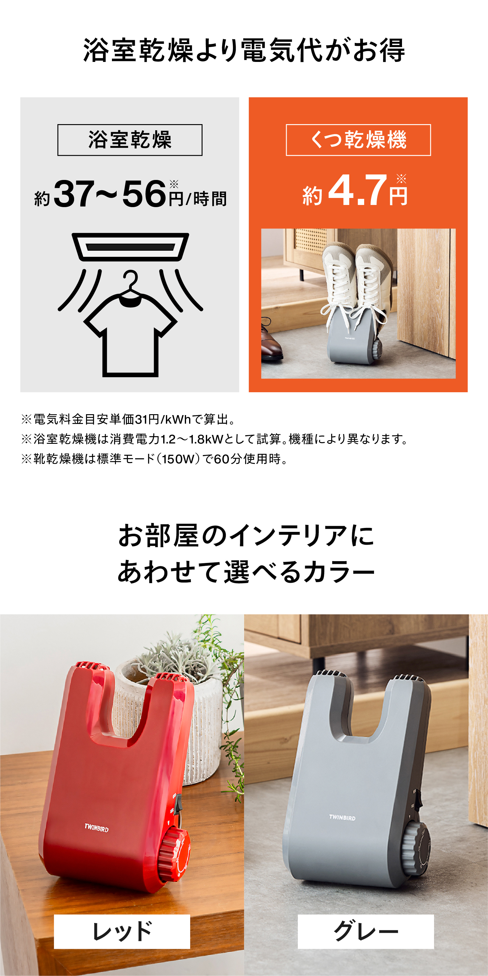 くつ乾燥機の電気代の目安とレッド・グレーのカラーバリエーション紹介