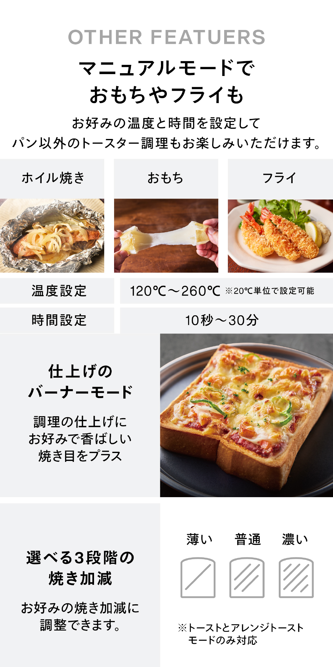マニュアルモード、バナーモード、焼き加減についての画像