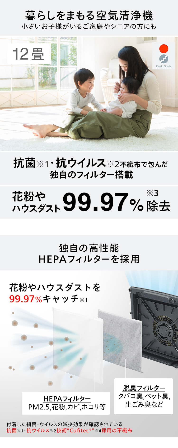 ツインバード（TWINBIRD） 空気清浄機 12畳 HEPAフィルター AC-E944W