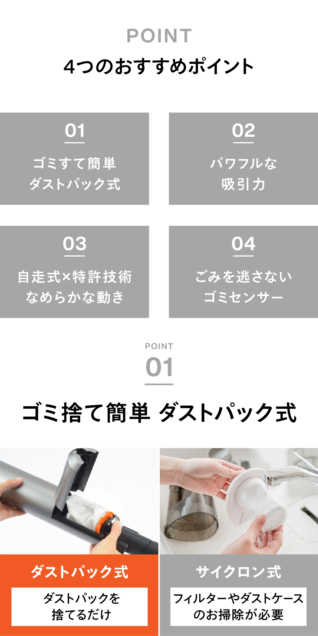 4つのおすすめポイントの中から、ダストパック式とサイクロン式を比較し、ゴミ捨てが簡単な特長を伝えるポイント1の構成写真