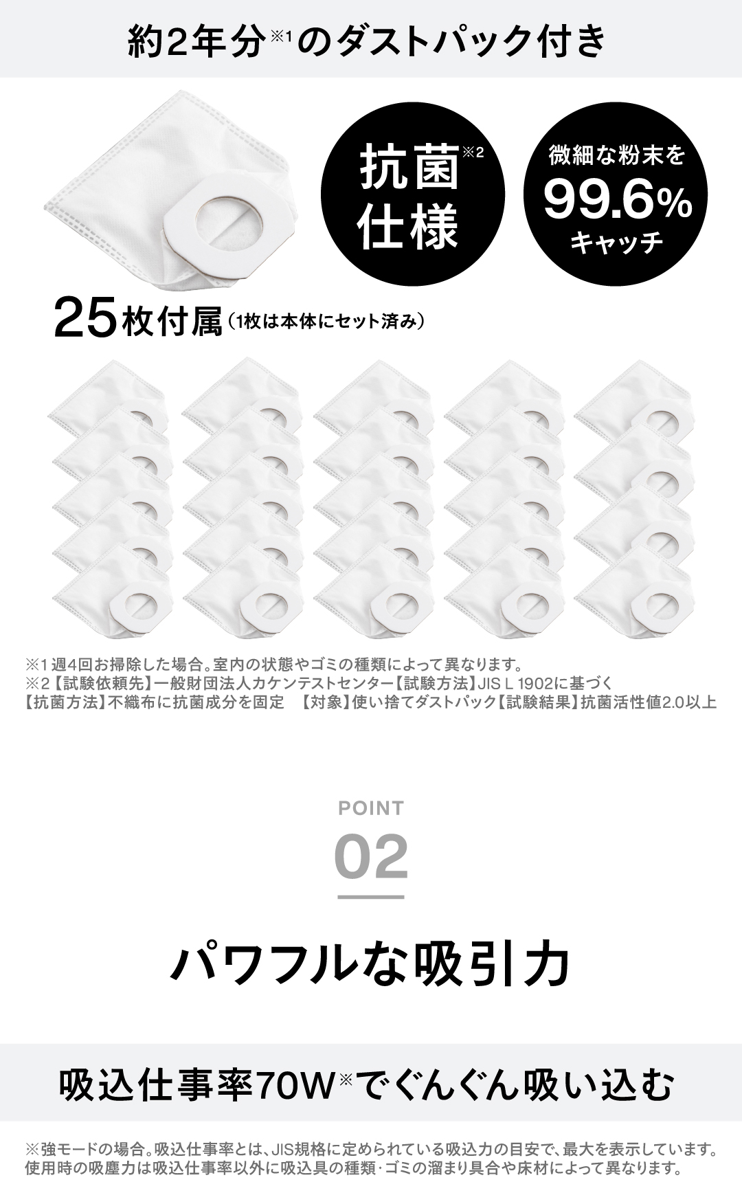 約2年分のダストパックが付属し、パワフルな吸引力と高い吸込仕事率をアピールした構成写真