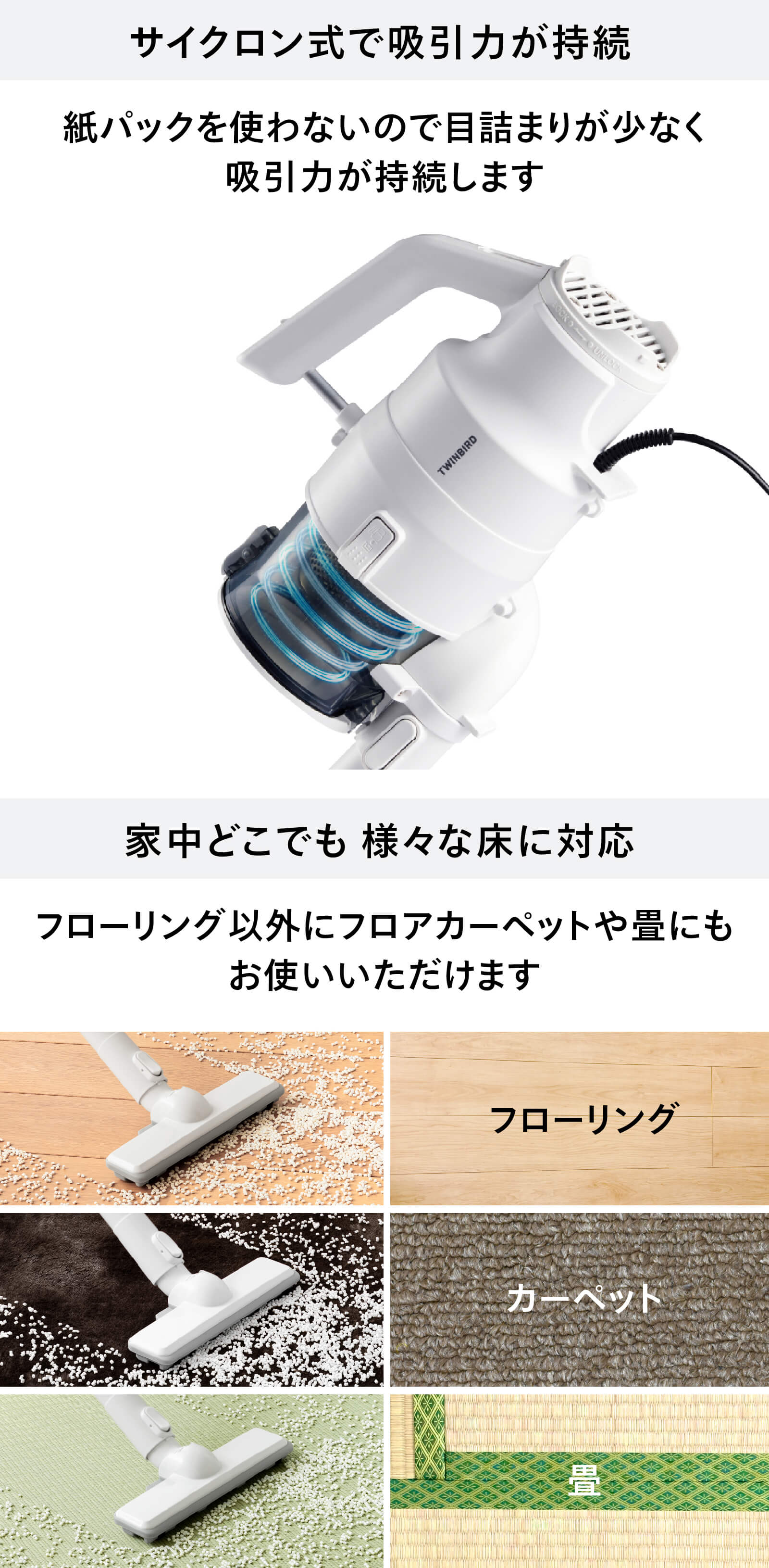 サイクロン式で吸引力が持続 家中どこでも 様々な床に対応