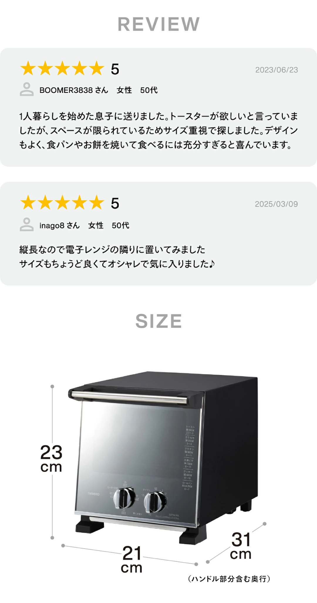 オーブントースターの本体サイズを示した図で、コンパクトさを視覚的に表現