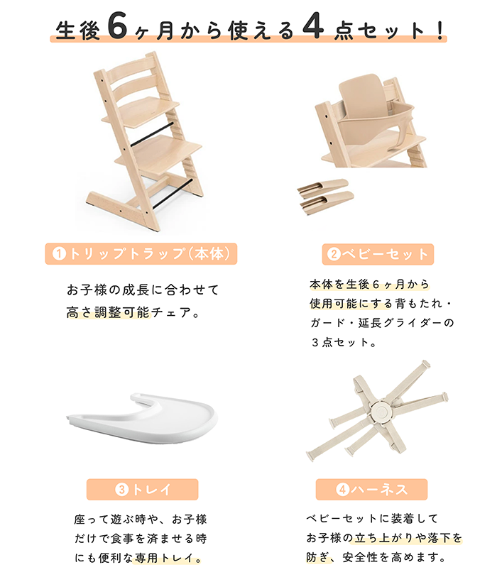 ストッケ トリップトラップ 4in1 4点 セット ハイチェア ベビーセット ハーネス トレイ 離乳食 木製 北欧 イス 7年保証 7,480円OFF 関連画像3