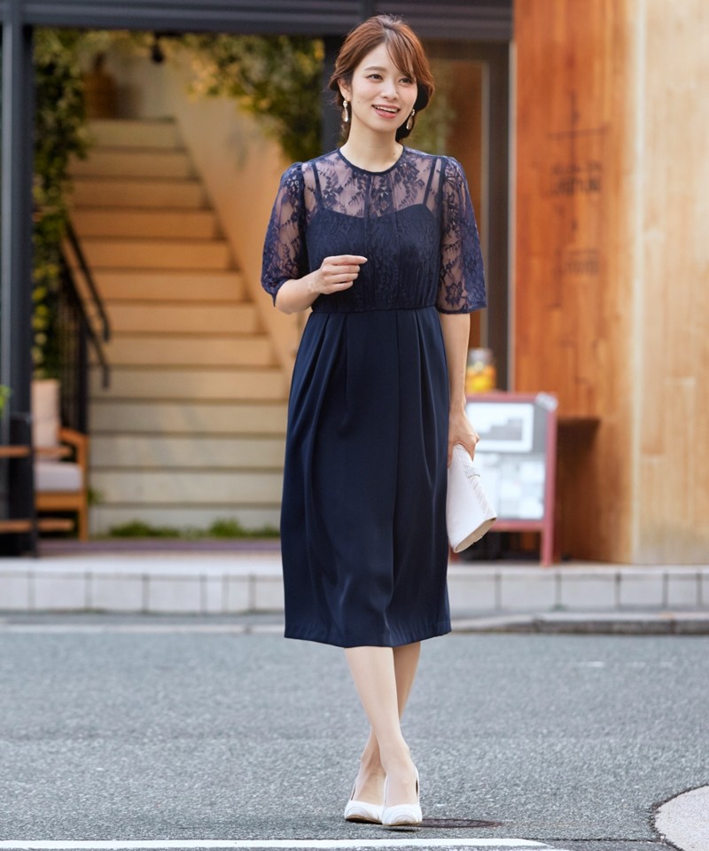 パーティードレス 結婚式 ワンピース 袖あり レース ミモレ丈 ドレス