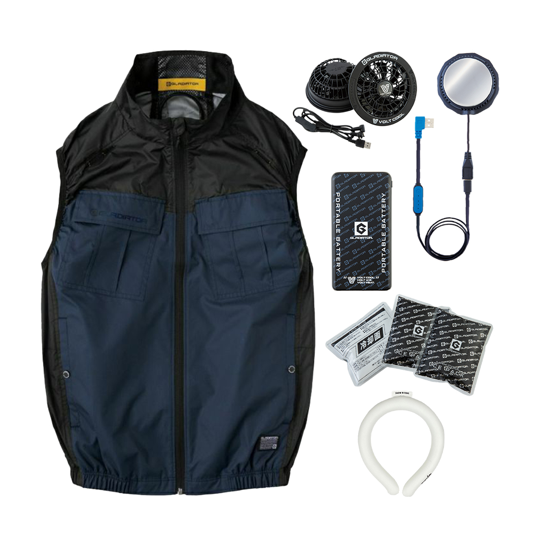 空調ベスト ペルチェ アイス 空調ウェア 6セット フルセット (ネイビー/XL) 作業着 作業服 現場服 ベスト 作業ベスト 工事現場 扇風機 日傘遮熱