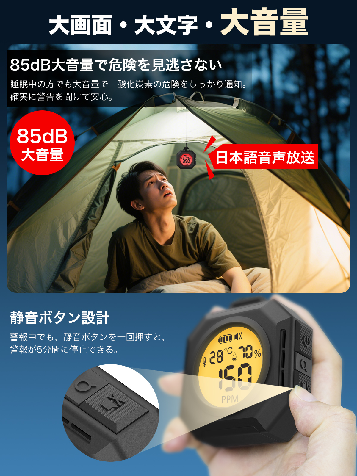 新登場 日本アウトドア専用設計』一酸化炭素チェッカー 3in1一酸化炭素