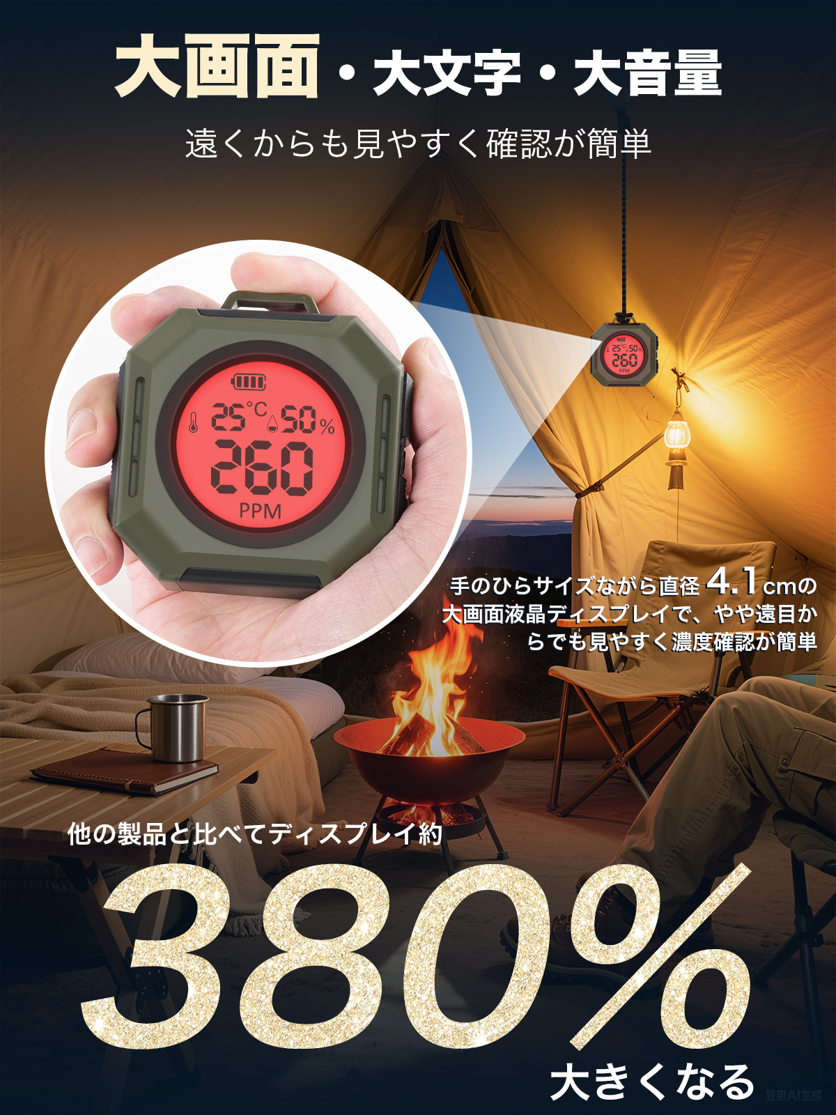 『新登場・日本アウトドア専用設計』一酸化炭素チェッカー 3in1一酸化炭素濃度/温度/湿度 高精度・瞬間検知 大画面/大文字/大音量 爆買 関連画像4