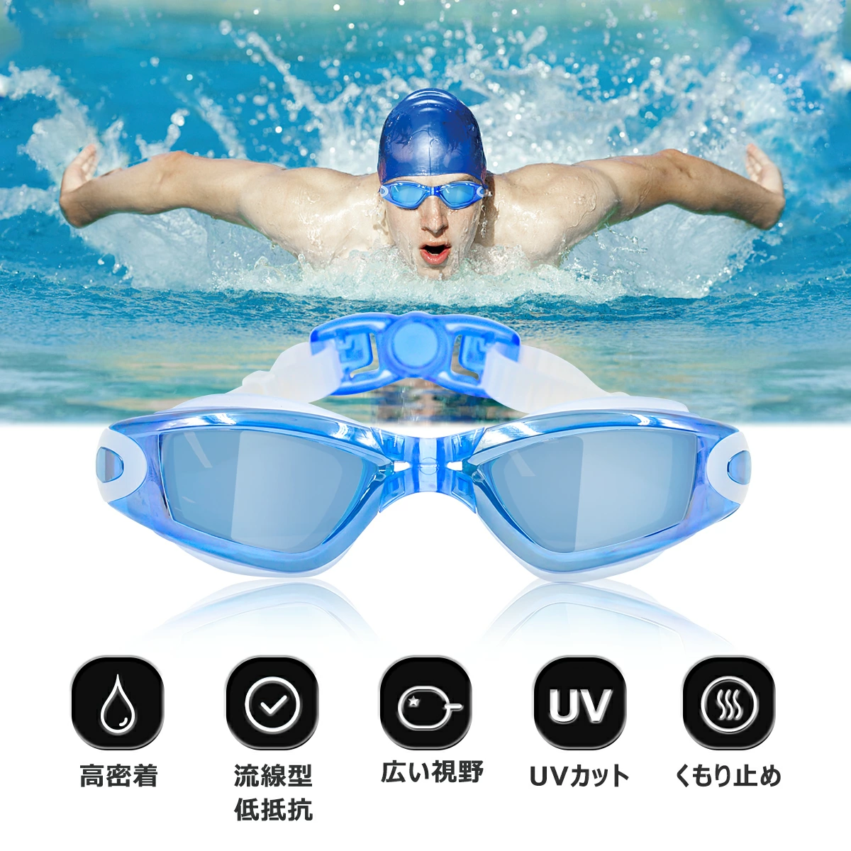 お手頃価格 スイミングゴーグル 度付き ゴーグル 医療機器認証品 水泳 くもり止め スイムゴーグル UVカット 大人 子供 広い視野 近視用  度付レンズ