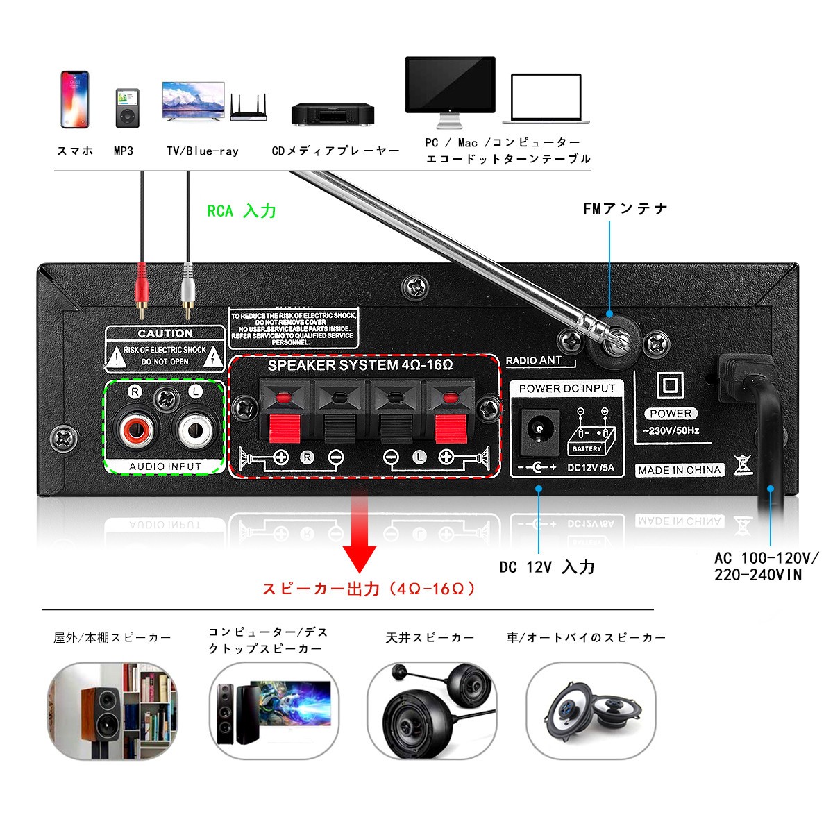 Bluetooth デジタルアンプ ステレオ ホーム/カー オーディオアンプ MIC
