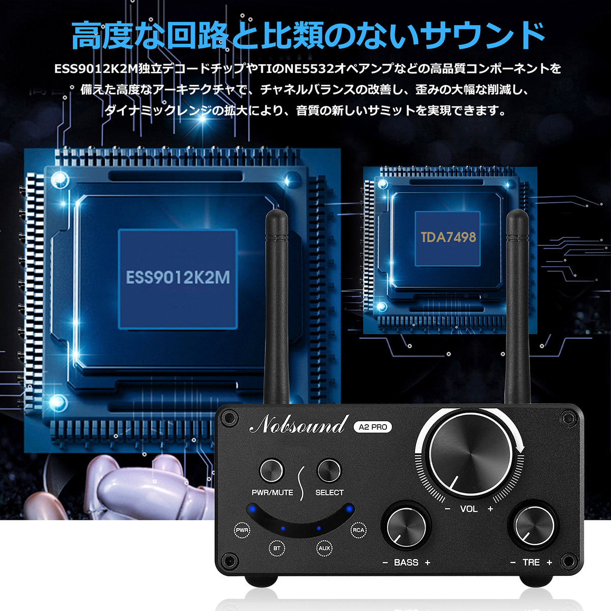 Nobsound A2 PRO HiFi デュアル Bluetooth 5.0 デジタルアンプ ステレオ デスクトップ オーディオ サブウーファー  アンプ 130W×2