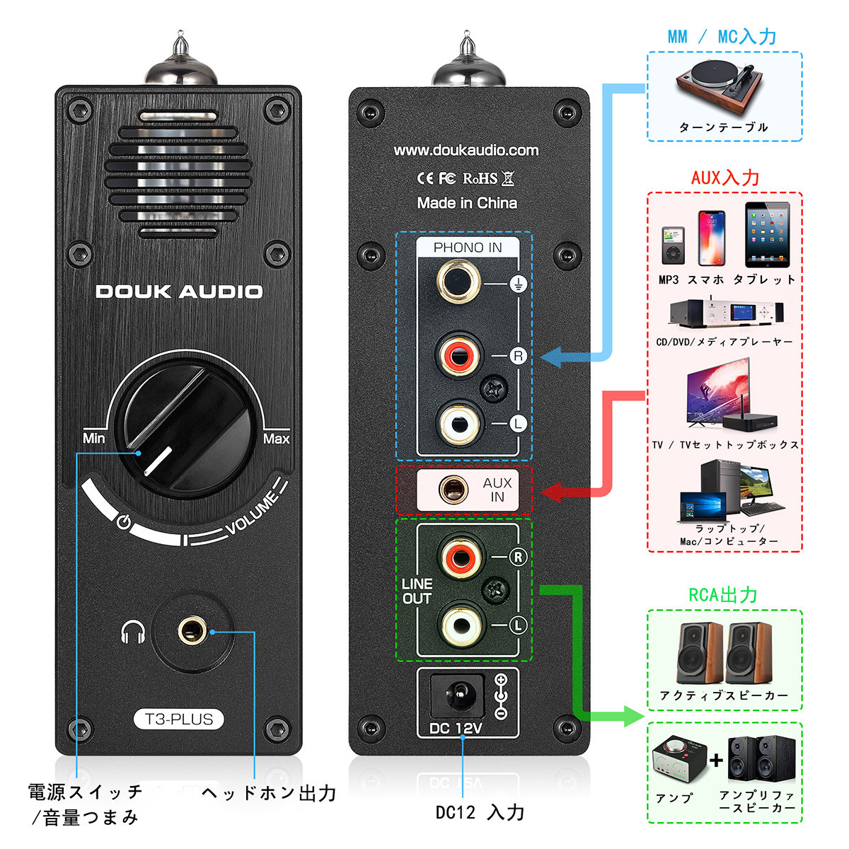 Douk Audio T3 PLUS 真空管 6A2 プリアンプ MM / MC フォノ PHONO