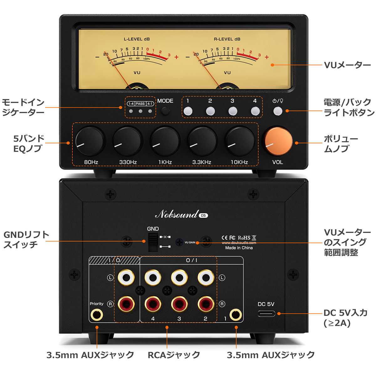Nobsound D5 4WAYオーディオセレクター： 5バンド EQ搭載 ノイズ対策