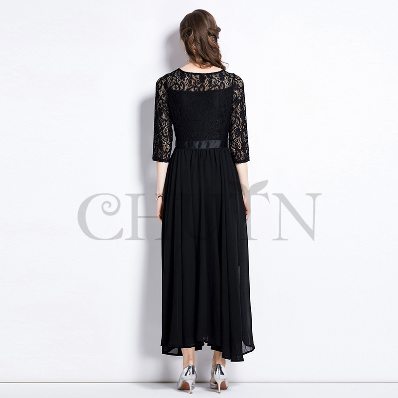 黒ロングパーティードレス 40代レースマキシワンピースフォーマル