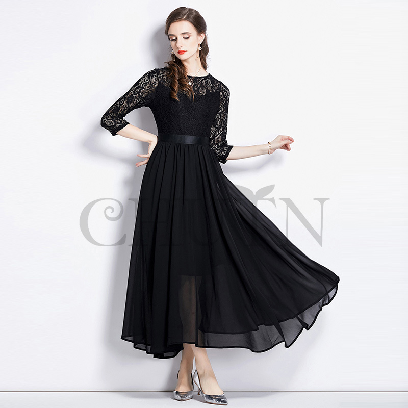 黒ロングパーティードレス 40代レースマキシワンピースフォーマル