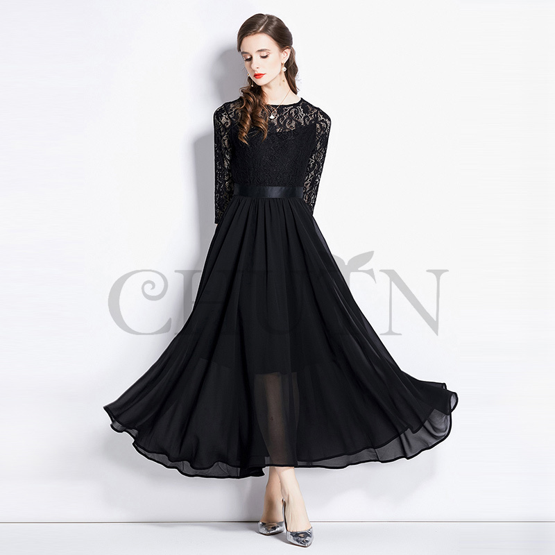 ブラック ドレス レース チュール ロング丈 七分袖 フォーマル パーティー M Lace Ladies（レースレディース） Vネックレース七分袖 チュールロング