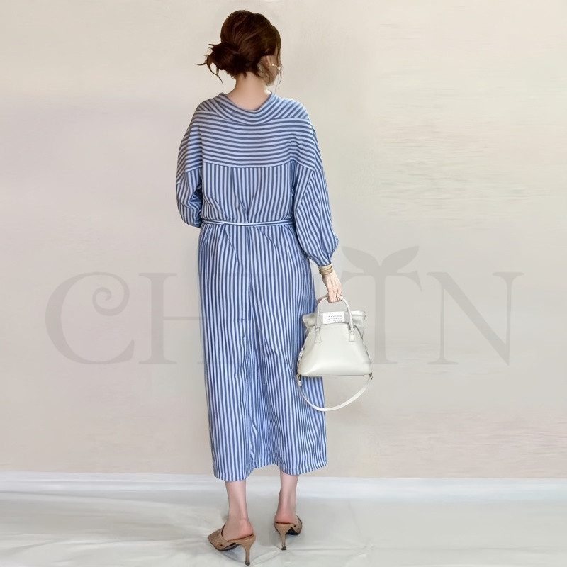 シャツワンピース 夏 ロングシャツワンピース 40代 ゆる ストライプ柄