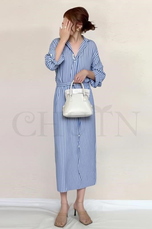 シャツワンピース 夏 ロングシャツワンピース 40代 ゆる ストライプ柄