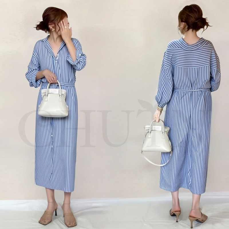 シャツワンピース 夏 ロングシャツワンピース 40代 ゆる ストライプ柄
