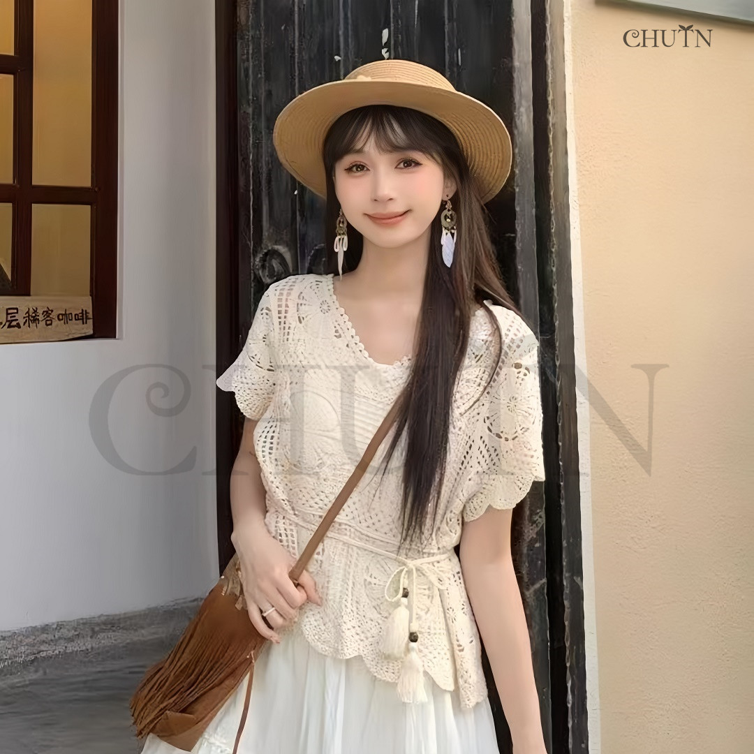透かし編みニット 夏 ショートニット半袖透かし編みニット