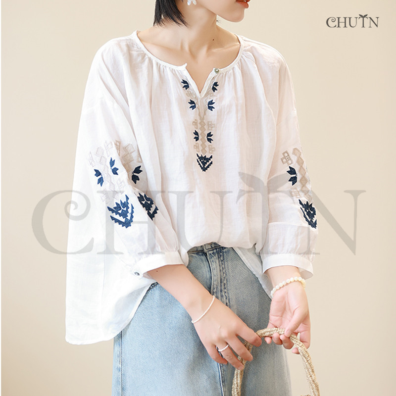 夏刺繍ブラウス 5分袖トップス レディース20代30代40代 キーネック