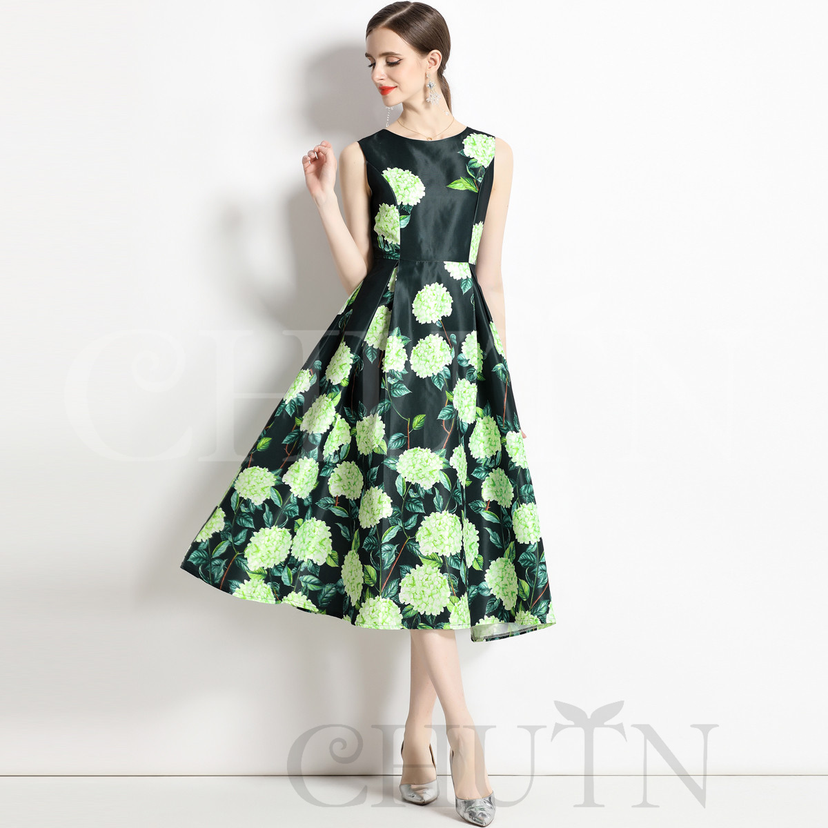 夏ワンピース レディース 40代 50代 ノースリーブワンピース Aライン