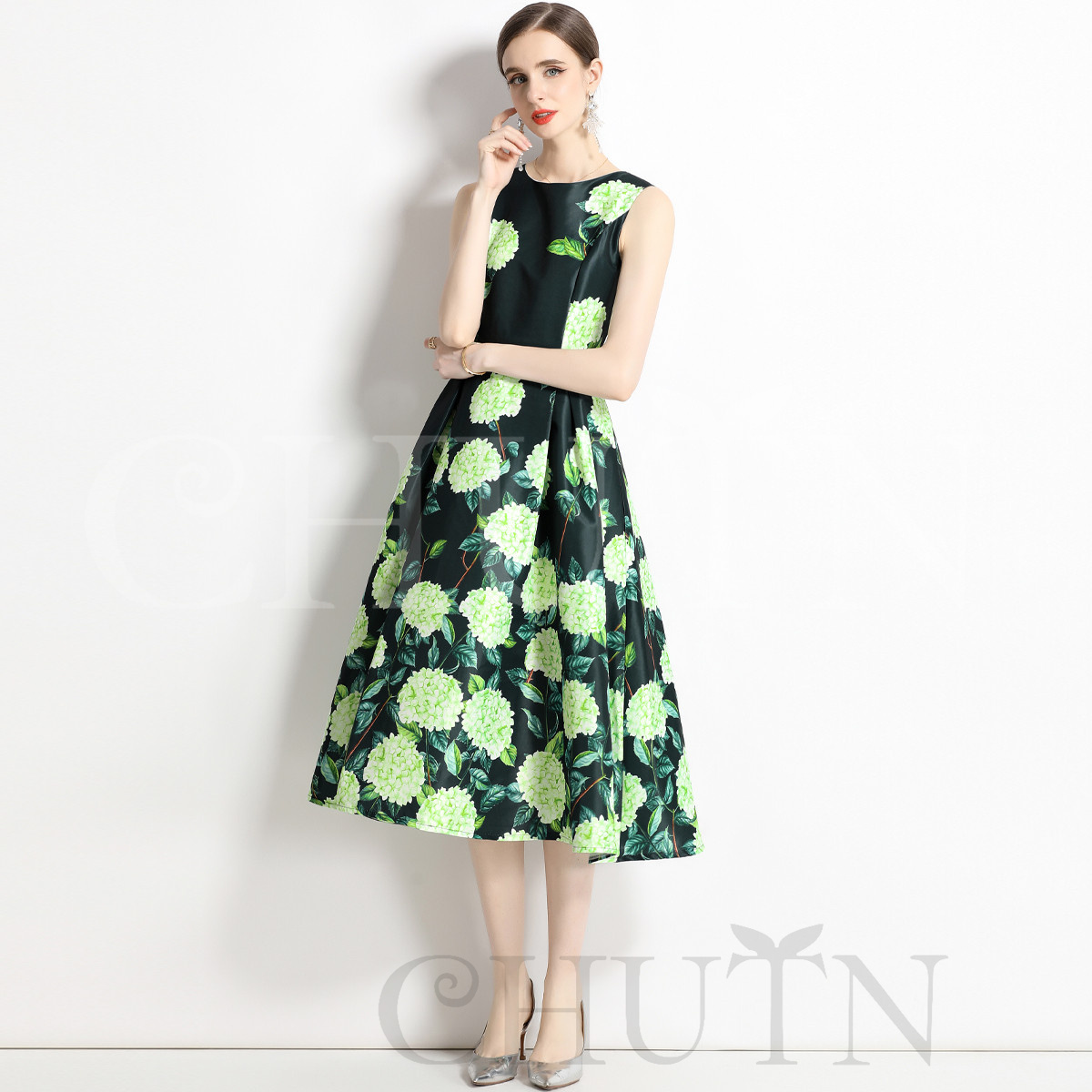 夏ワンピース レディース 40代 50代 ノースリーブワンピース Aライン