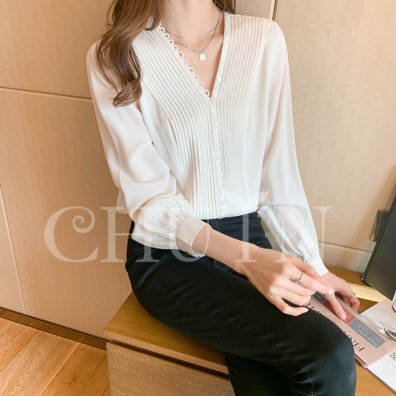 ブラウス 長袖 レディース 夏秋 トップス デザイン感 Vネック オシャレ